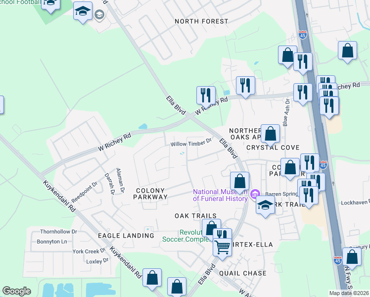 map of restaurants, bars, coffee shops, grocery stores, and more near 719 Willow Timber Drive in Houston