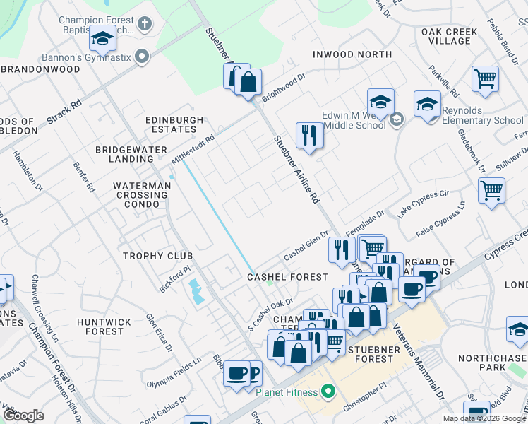 map of restaurants, bars, coffee shops, grocery stores, and more near 14441 Stuebner Airline Road in Houston