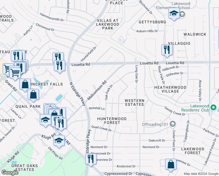 map of restaurants, bars, coffee shops, grocery stores, and more near 12299 Oak Park Drive in Houston