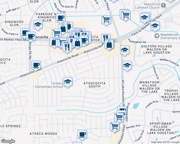 map of restaurants, bars, coffee shops, grocery stores, and more near 7227 Pine Bower Court in Humble