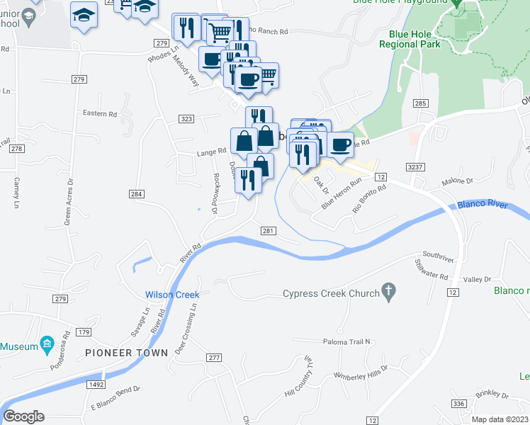 map of restaurants, bars, coffee shops, grocery stores, and more near 505 River Road in Wimberley