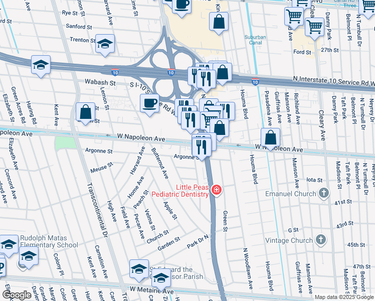 map of restaurants, bars, coffee shops, grocery stores, and more near 4621 West Napoleon Avenue in Metairie