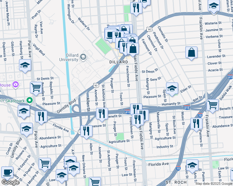 map of restaurants, bars, coffee shops, grocery stores, and more near 2067 Lafreniere Street in New Orleans