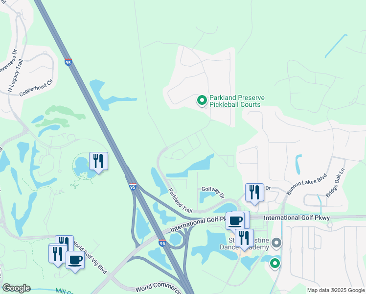 map of restaurants, bars, coffee shops, grocery stores, and more near Parkland Trail in St. Augustine