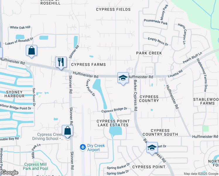 map of restaurants, bars, coffee shops, grocery stores, and more near 16519 White Heron Court in Cypress