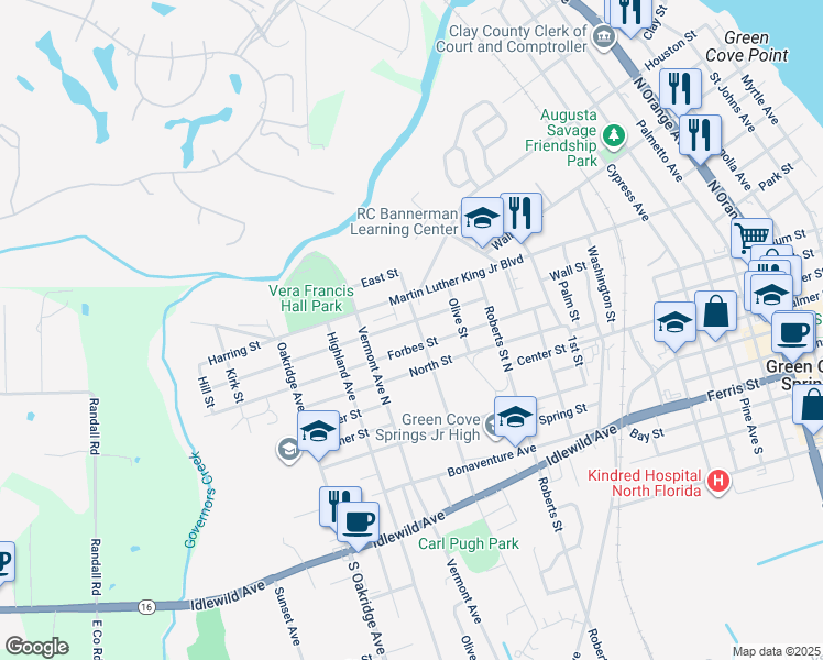 map of restaurants, bars, coffee shops, grocery stores, and more near 1307 Spruce Street in Green Cove Springs
