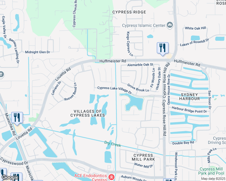 map of restaurants, bars, coffee shops, grocery stores, and more near 18526 Cypress Lake Village Drive in Cypress