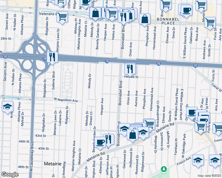 map of restaurants, bars, coffee shops, grocery stores, and more near 443 Helios Ave in Metairie
