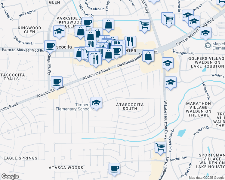 map of restaurants, bars, coffee shops, grocery stores, and more near 7127 Pine Bower Court in Humble