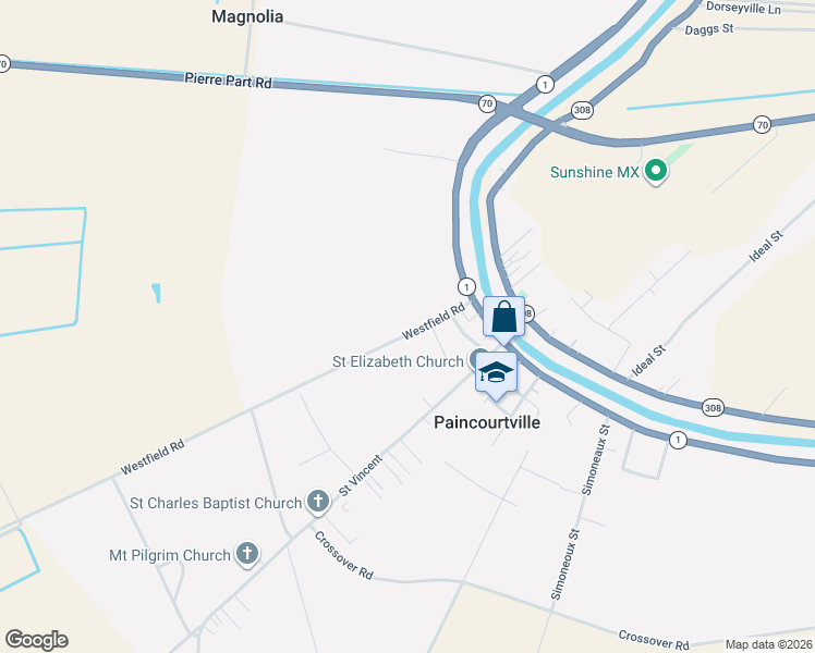 map of restaurants, bars, coffee shops, grocery stores, and more near 140 Louisiana 1005 in Napoleonville