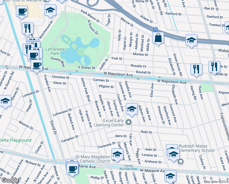 map of restaurants, bars, coffee shops, grocery stores, and more near 6305 Gladys Street in Metairie