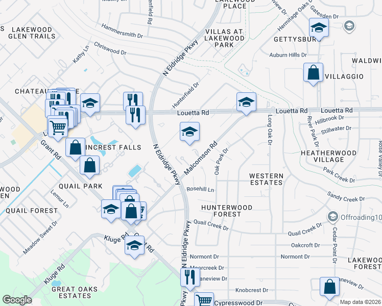 map of restaurants, bars, coffee shops, grocery stores, and more near 12510 Malcomson Road in Houston