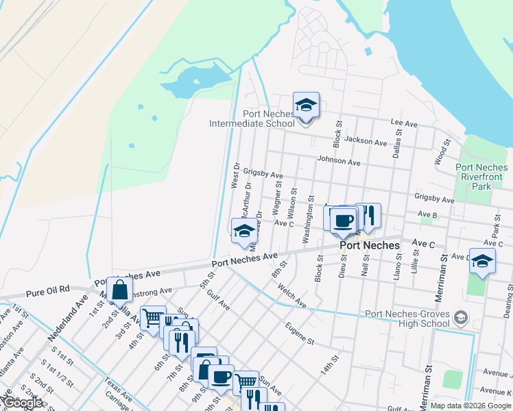 map of restaurants, bars, coffee shops, grocery stores, and more near 1101 McArthur Drive in Port Neches