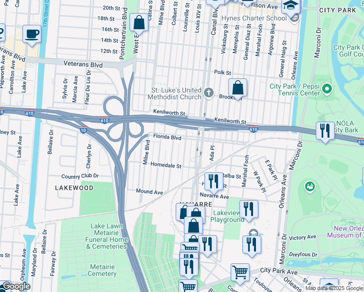 map of restaurants, bars, coffee shops, grocery stores, and more near 524 Florida Boulevard in New Orleans