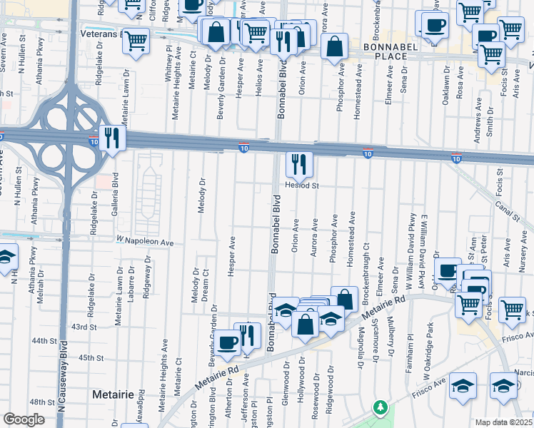 map of restaurants, bars, coffee shops, grocery stores, and more near 443 Helios Avenue in Metairie