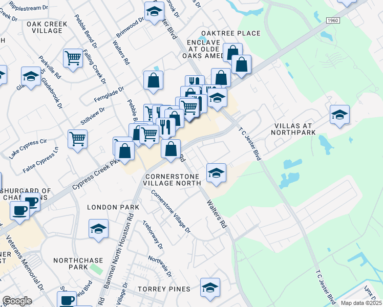 map of restaurants, bars, coffee shops, grocery stores, and more near 14420 Walters Road in Houston