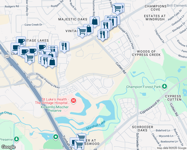 map of restaurants, bars, coffee shops, grocery stores, and more near 11162 Vintage Preserve Parkway in Houston