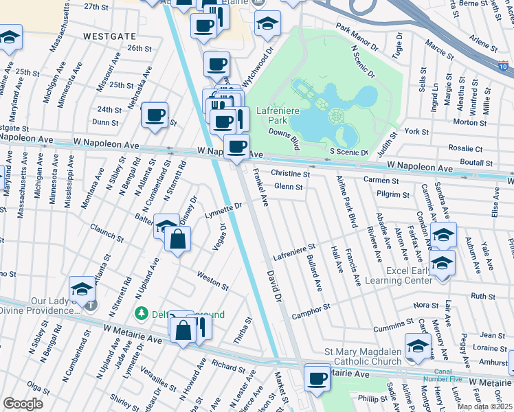 map of restaurants, bars, coffee shops, grocery stores, and more near 2000 Frankel Avenue in Metairie
