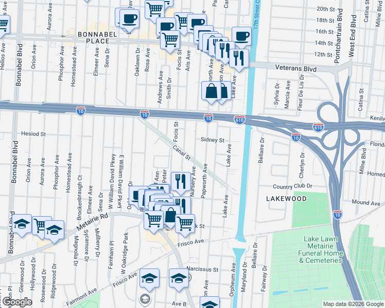 map of restaurants, bars, coffee shops, grocery stores, and more near 432 Papworth Avenue in Metairie