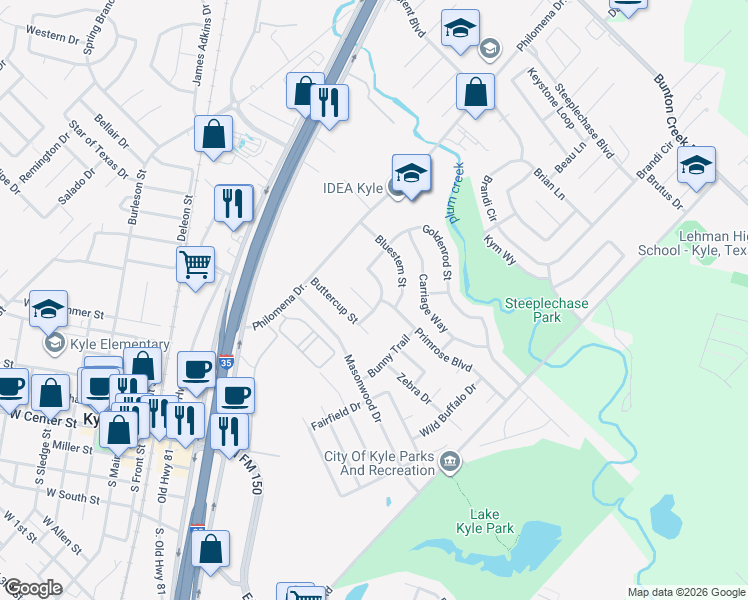 map of restaurants, bars, coffee shops, grocery stores, and more near 145 Meadowlark Lane in Kyle