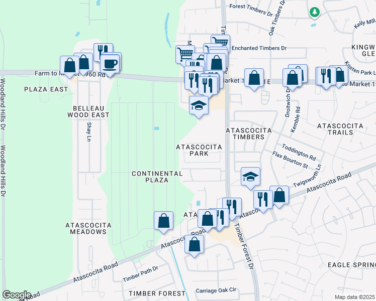 map of restaurants, bars, coffee shops, grocery stores, and more near 5226 Hill Timbers Drive in Humble