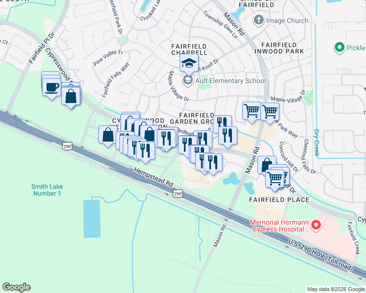 map of restaurants, bars, coffee shops, grocery stores, and more near 15014 Redbud Leaf Lane in Cypress