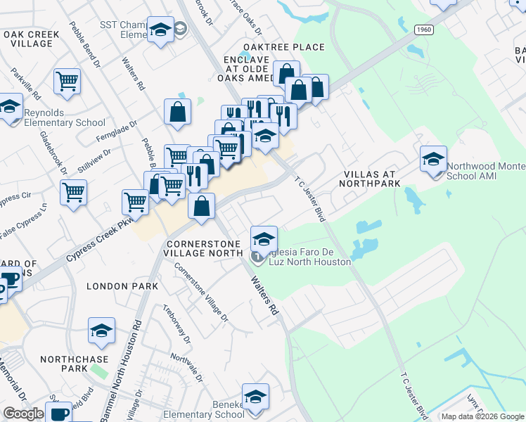 map of restaurants, bars, coffee shops, grocery stores, and more near 15330 Bammel North Houston Road in Houston