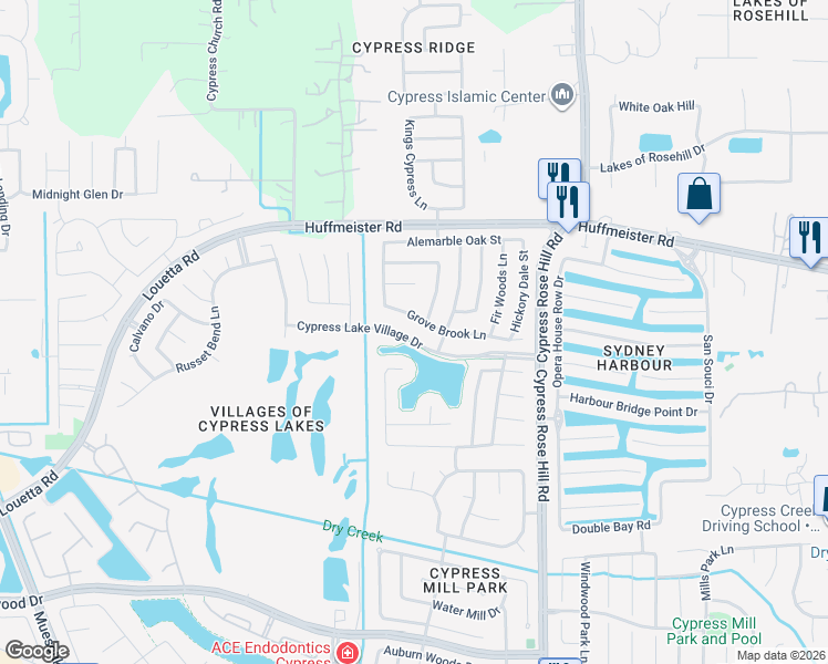 map of restaurants, bars, coffee shops, grocery stores, and more near 18503 Grove Brook Lane in Cypress