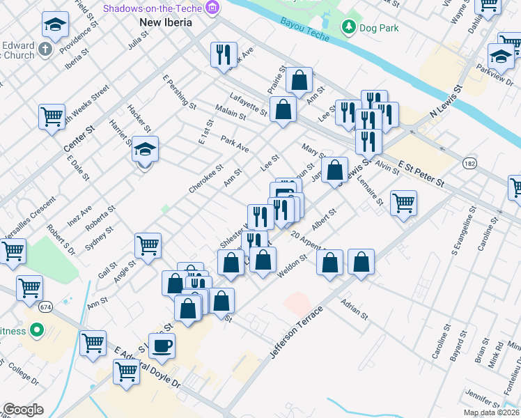map of restaurants, bars, coffee shops, grocery stores, and more near 914 School Street in New Iberia
