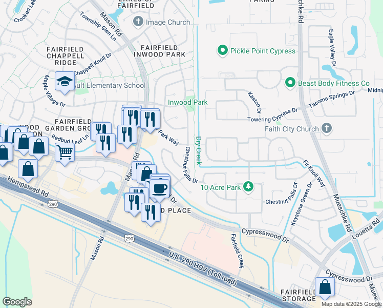map of restaurants, bars, coffee shops, grocery stores, and more near 15107 Hillside Park Way in Cypress