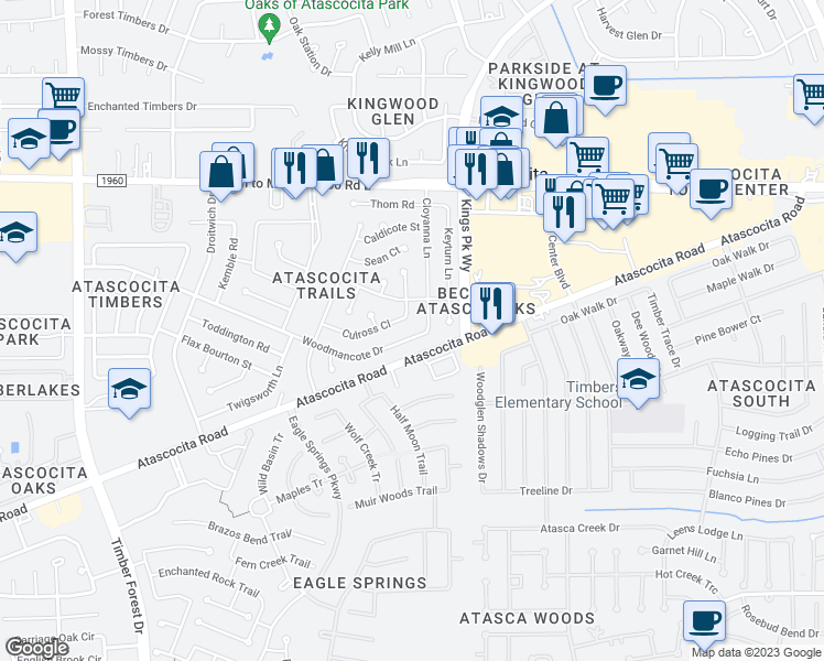 map of restaurants, bars, coffee shops, grocery stores, and more near 6039 Woodmancote Drive in Humble