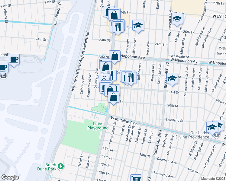 map of restaurants, bars, coffee shops, grocery stores, and more near in Kenner