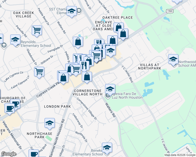 map of restaurants, bars, coffee shops, grocery stores, and more near 14420 Walters Road in Houston