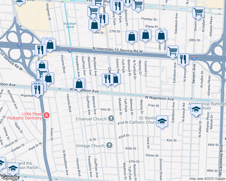 map of restaurants, bars, coffee shops, grocery stores, and more near 2121 Cleary Avenue in Metairie