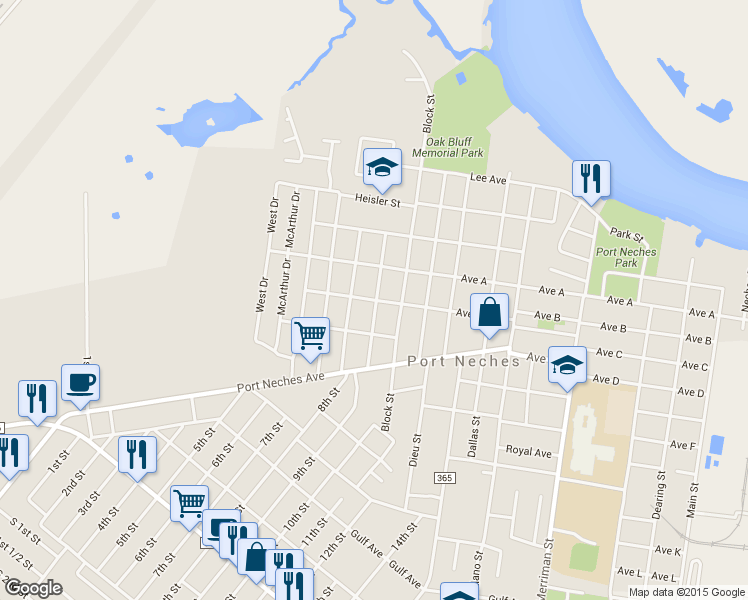 map of restaurants, bars, coffee shops, grocery stores, and more near 1509 Avenue B in Port Neches
