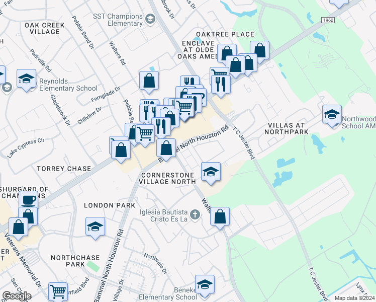 map of restaurants, bars, coffee shops, grocery stores, and more near 14420 Walters Road in Houston