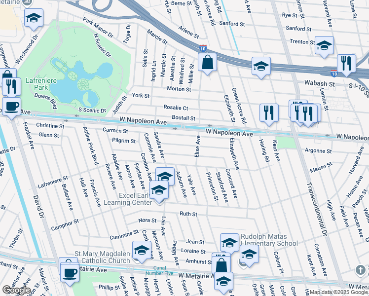 map of restaurants, bars, coffee shops, grocery stores, and more near 6001 Bridget Street in Metairie