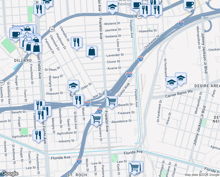 map of restaurants, bars, coffee shops, grocery stores, and more near 3405 Franklin Avenue in New Orleans
