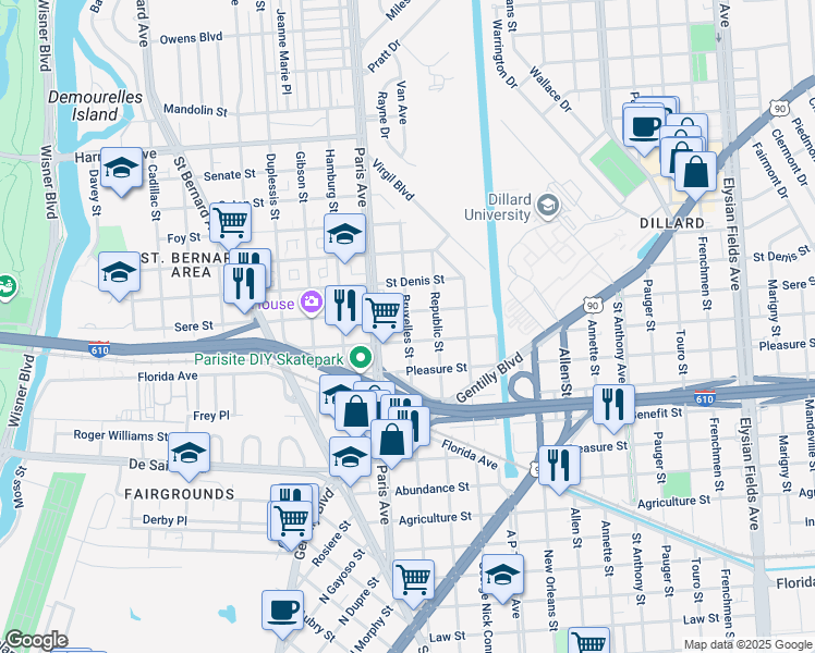 map of restaurants, bars, coffee shops, grocery stores, and more near 1642 Sere Street in New Orleans