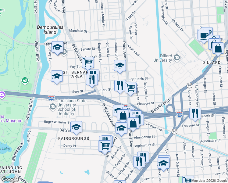 map of restaurants, bars, coffee shops, grocery stores, and more near 1531 Sere Street in New Orleans