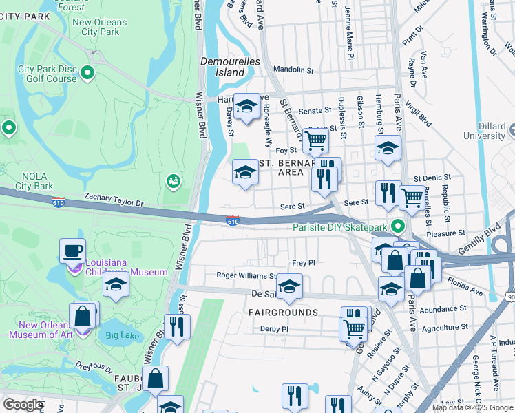 map of restaurants, bars, coffee shops, grocery stores, and more near 34100 Sere Street in New Orleans