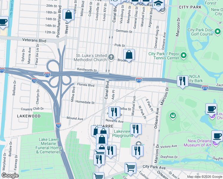 map of restaurants, bars, coffee shops, grocery stores, and more near 5701 Vicksburg Street in New Orleans