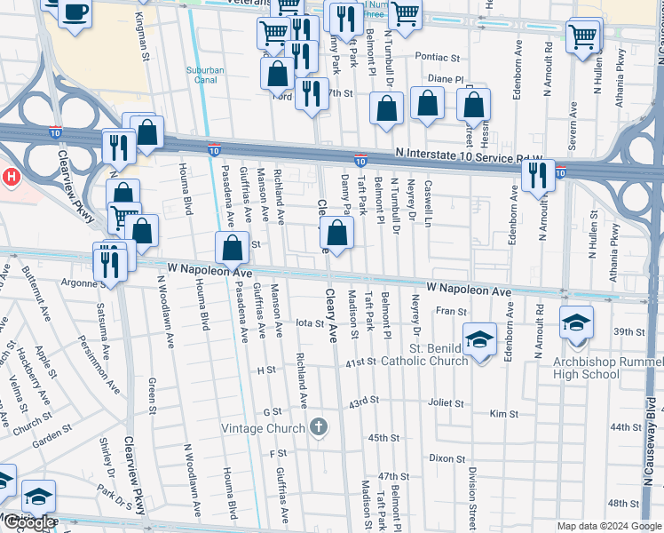 map of restaurants, bars, coffee shops, grocery stores, and more near 2121 Cleary Avenue in Metairie
