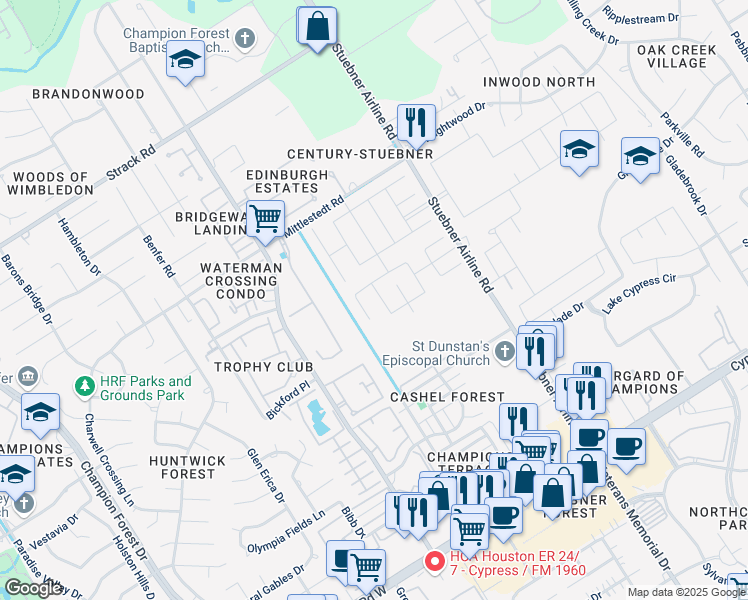 map of restaurants, bars, coffee shops, grocery stores, and more near 14535 Maple Field Drive in Houston