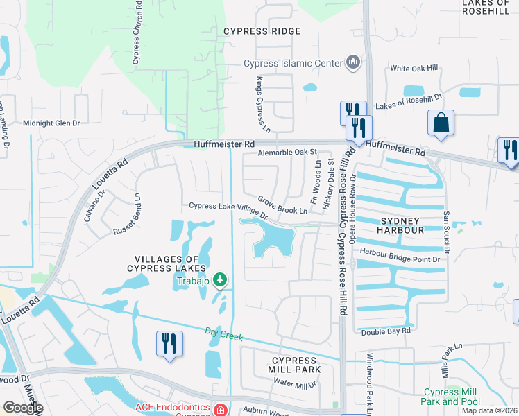 map of restaurants, bars, coffee shops, grocery stores, and more near 18503 Grove Brook Lane in Cypress