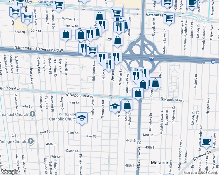 map of restaurants, bars, coffee shops, grocery stores, and more near 2200 Severn Avenue in Metairie