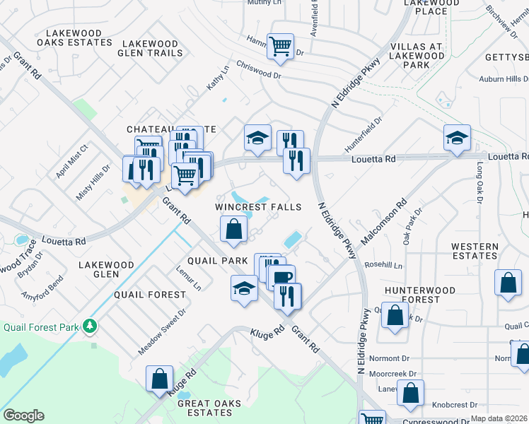 map of restaurants, bars, coffee shops, grocery stores, and more near 14 Wincrest Falls Drive in Cypress