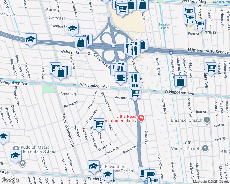 map of restaurants, bars, coffee shops, grocery stores, and more near 4704 West Napoleon Avenue in Metairie