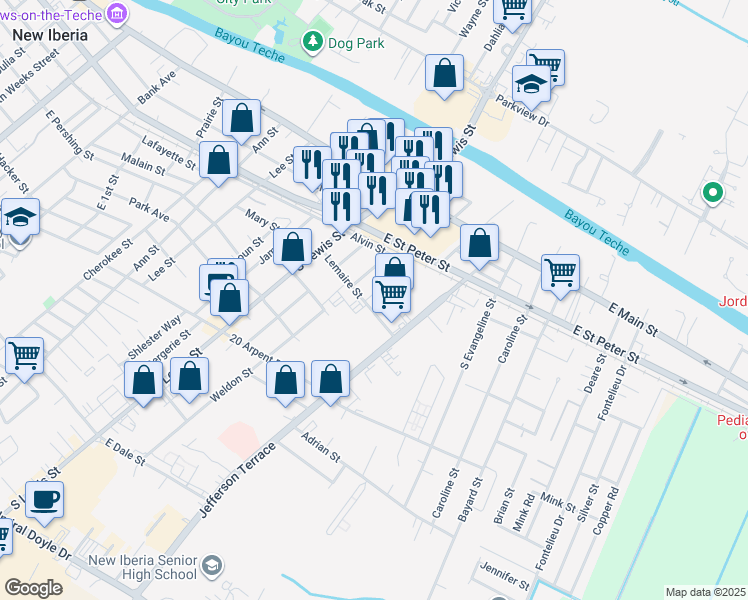 map of restaurants, bars, coffee shops, grocery stores, and more near 1303 Lemaire Street in New Iberia