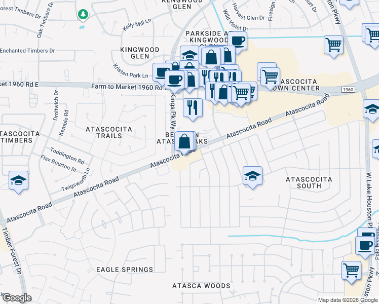 map of restaurants, bars, coffee shops, grocery stores, and more near 6750 Atascocita Road in Humble